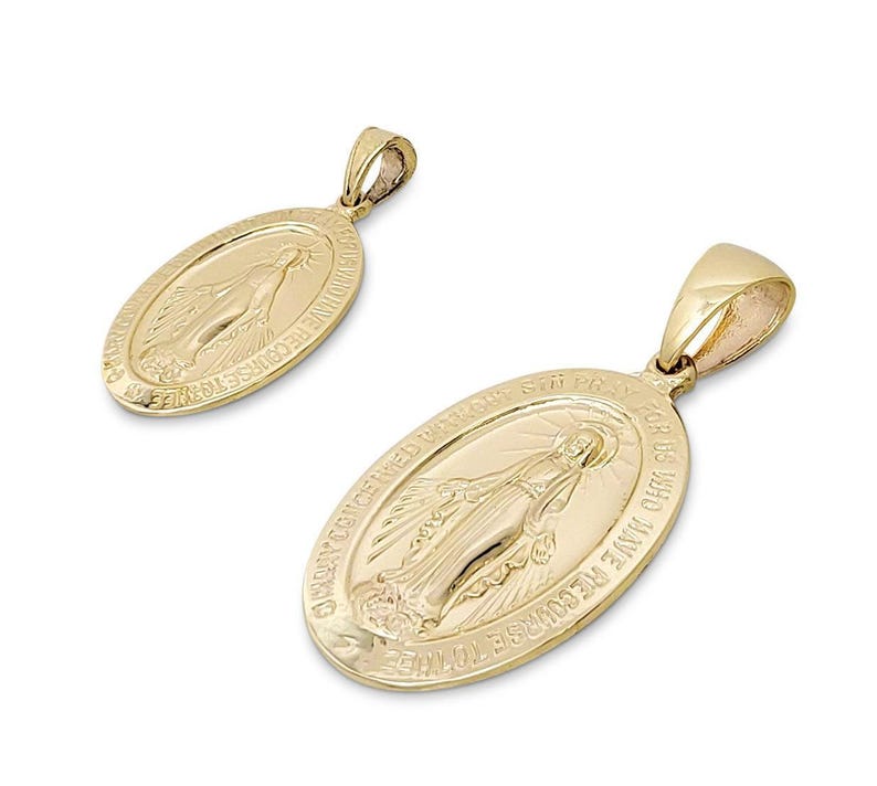 Solid 14K Yellow Gold Miraculous Medal Virgin Mary Pendant, 0.9″ or 1.1 ...