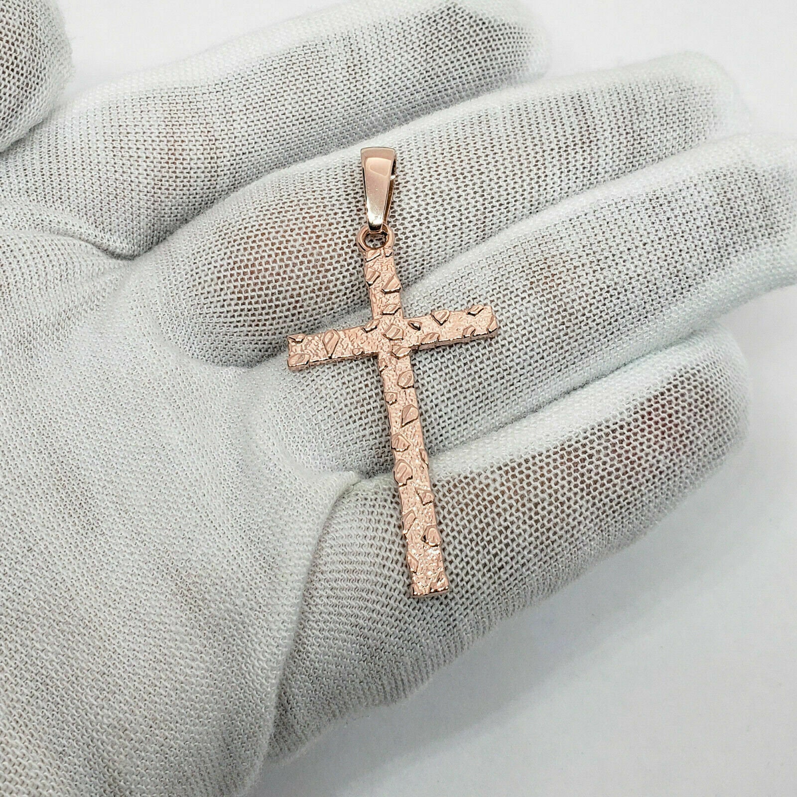 Solid 18K Rose Gold Nugget Cross Mens 