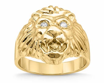 Solid 10K Yellow Gold Mens Lion Ring with Diamond Eyes Size 5 - 15
