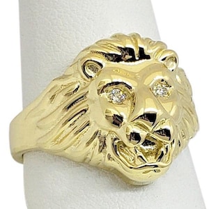 Anillo de león para hombre en oro amarillo macizo de 10 quilates con ojos de diamante, tallas 5-15