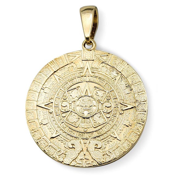 10K Solid Yellow Gold Aztec Mayan Sun Calendar Charm Pendant – 2 Sizes (1.15” Or 1.4”) | Diamond-Cut
