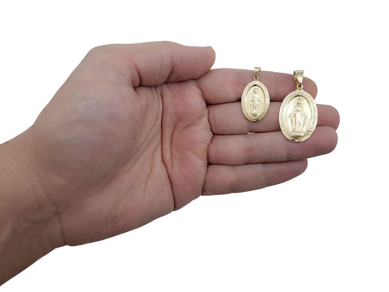 Solid 14K Yellow Gold Miraculous Medal Virgin Mary Pendant, 0.9″ or 1.1 ...