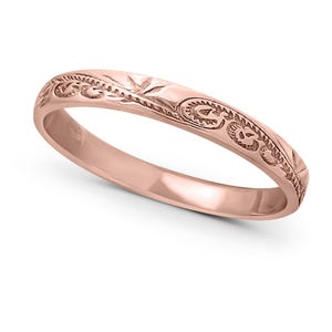 Solid 14K Rose Gold Hawaiian Scroll Ring for Women – 3mm Engraved Stacking Band, Midi or Pinky Ring, Sizes 1 - 12