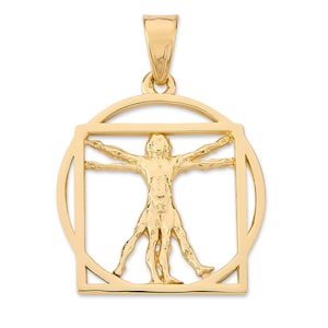 Solid 18K Yellow Gold Da Vinci Vitruvian Man Pendant, 3/4″, Renaissance Art