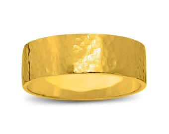 Solid 24K Yellow Gold Hammered Ring 7mm Size 3 – 12 Wide Gold Band