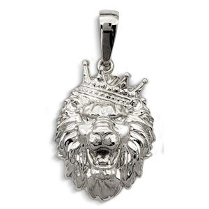 Real 14K White Gold Lion Pendant Crooked Tilted Crown, 3 Sizes, Leo King Pendant