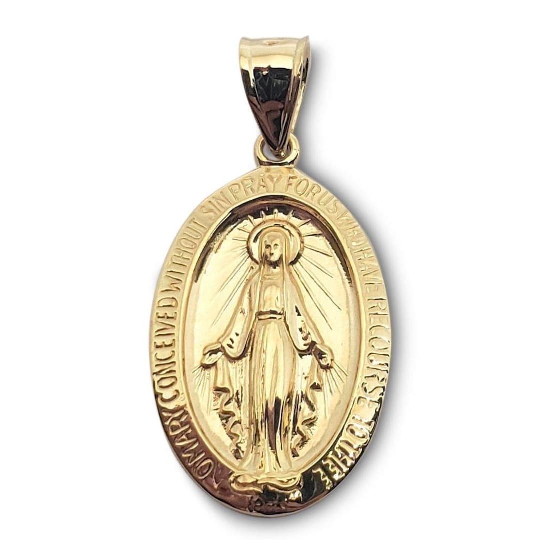 Solid 18K Yellow Gold Miraculous Medal Virgin Mary Pendant, 3/4 ...