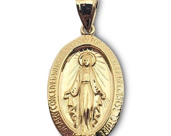 Solid 18K Yellow Gold Miraculous Medal Virgin Mary Pendant, 3/4", Catholic