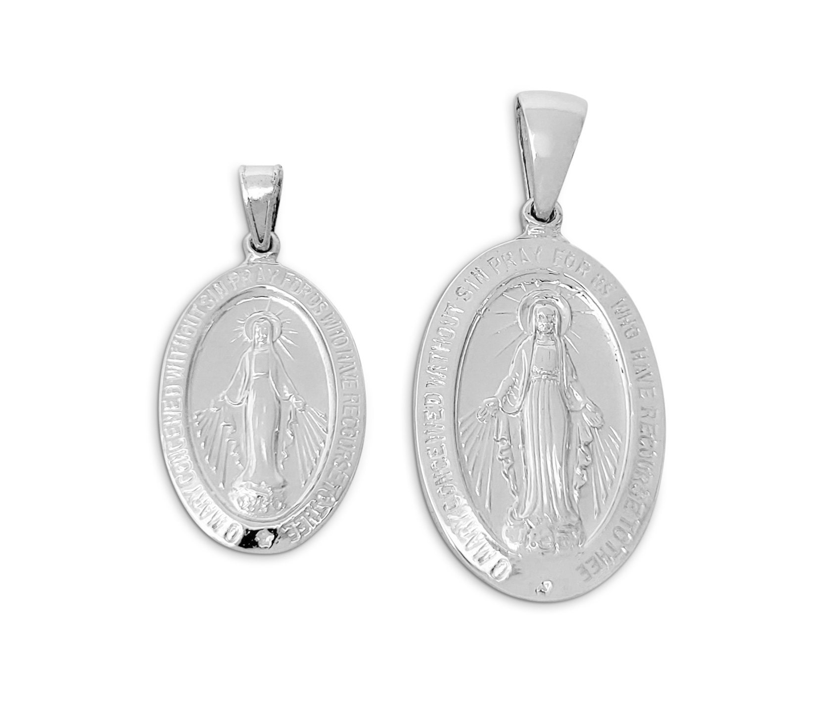 Solid 10K White Gold Miraculous Medal Virgin Mary Pendant 0.9 or