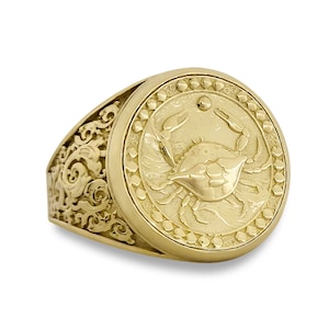 Anillo de oro amarillo de 14 quilates con signo del zodiaco Cáncer, moneda de oro para hombre, joyería astrológica.