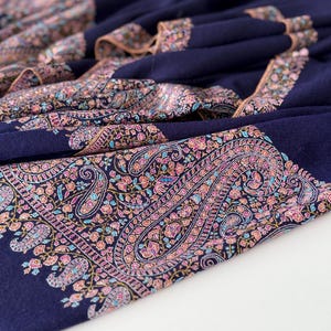 Navy Blue Paisley Design Pashmina Shawl with Intricate Paldar Embroidery