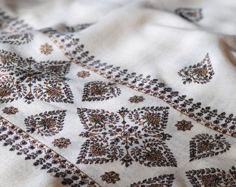 Elegant White Silk Embroidery Pashmina Shawl, Buti Palla Designs