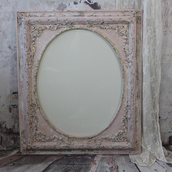 ornate light pink frame,gold accents,vintage wall hanging decor,up-cycled wooden frame,distressed frame, shabby cottage chic,home decor