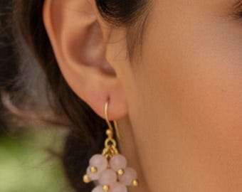 Rose Quartz Beaded Earrings | Gold Filled Hooks | Delicate Pink Stone Cluster Earrings | Romantic Everyday Jewelry