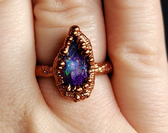Size 7.5 Purple Fantasy Crystal Opalite Violet Fairy Elf Witch Iridescent Copper Electroformed Resin Ring