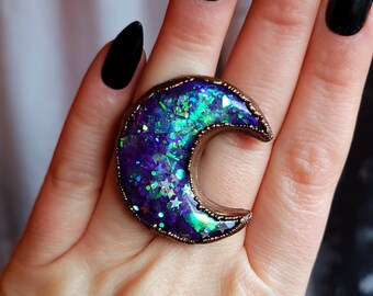 Size 6 Moon Purple Crescent Statement Iridescent Opalite Witch Witchy Celestial Galactic Luna Copper Electroformed Resin Ring