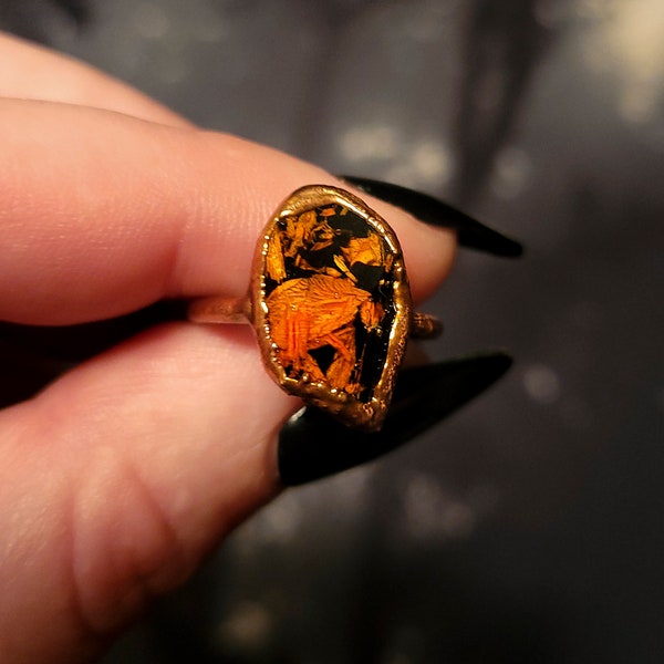 Size 7 Marigold Flower Black Crystal Resin Copper Electroformed Fall Harvest Witch October November Ring