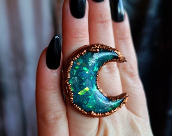 Size 6 Turquoise Moon Crescent Statement Iridescent Opalite Witch Witchy Celestial Galactic Luna Copper Electroformed Resin Ring