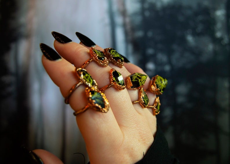 Size 7 Swamp Witch Forest Crystal Moss Witchy Lichen Dark Occult Black Goth October Halloween Nature Electroformed Resin Plant Ring