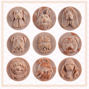 May include: Nine different dog breed silicone molds, each featuring a different dog breed. The molds are brown and feature a realistic depiction of each dog breed.