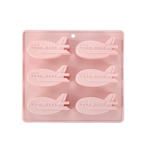 May include: Pink silicone mold with six airplane-shaped cavities. The mold is designed for making chocolate or candy.