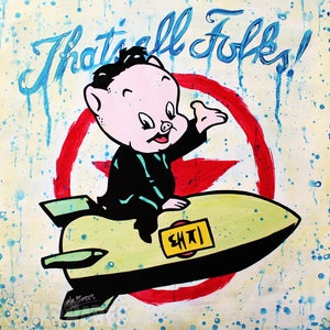 Cerdo picante (Kim Jong-un) - Pintura pop original de Babes Kopp - Retrato de Porky Pig Bomb