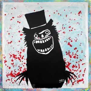 May include: A black and white illustration of a monster with a top hat and a wide open mouth, set against a light blue background with red splatters.