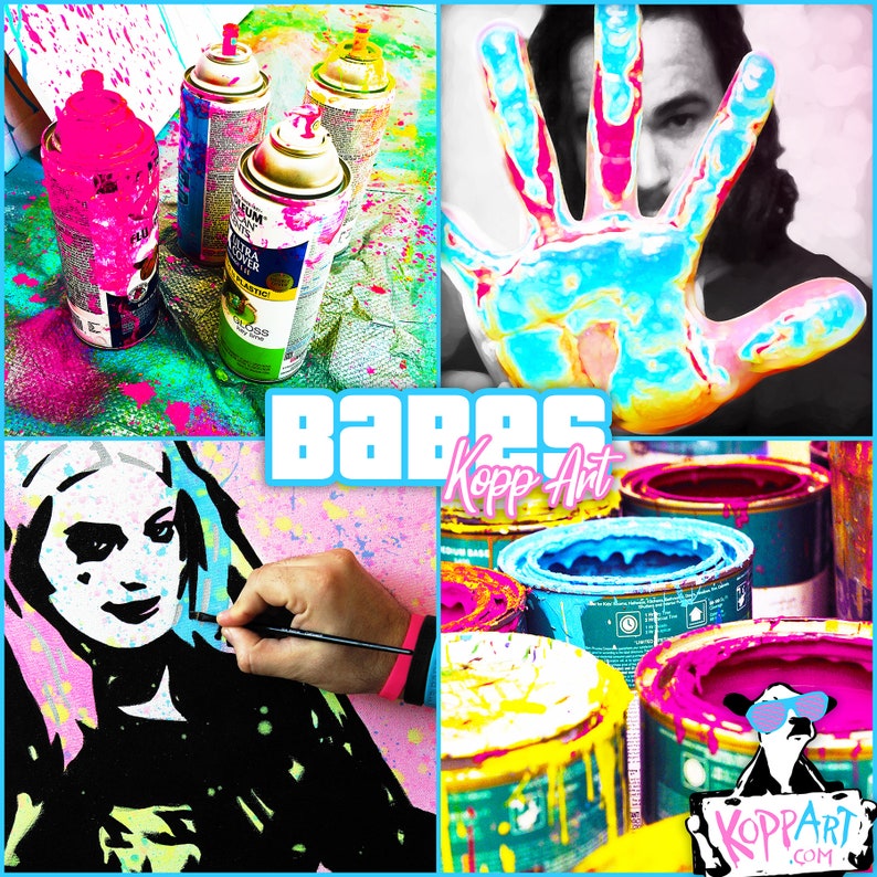 May include: A collage of images featuring a hand covered in colourful paint, spray paint cans, and a person painting a portrait of a woman. The text "Babes Kopp Art" is featured in the collage.