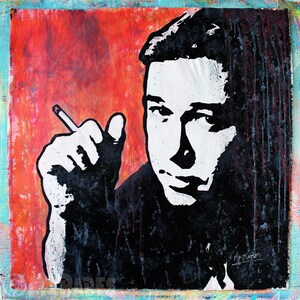 May include: A black and white portrait painting of a man with a cigarette in his hand. The background is a red, orange, and blue abstract design.