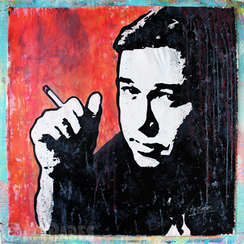 May include: A black and white portrait painting of a man with a cigarette in his hand. The background is a red, orange, and blue abstract design.