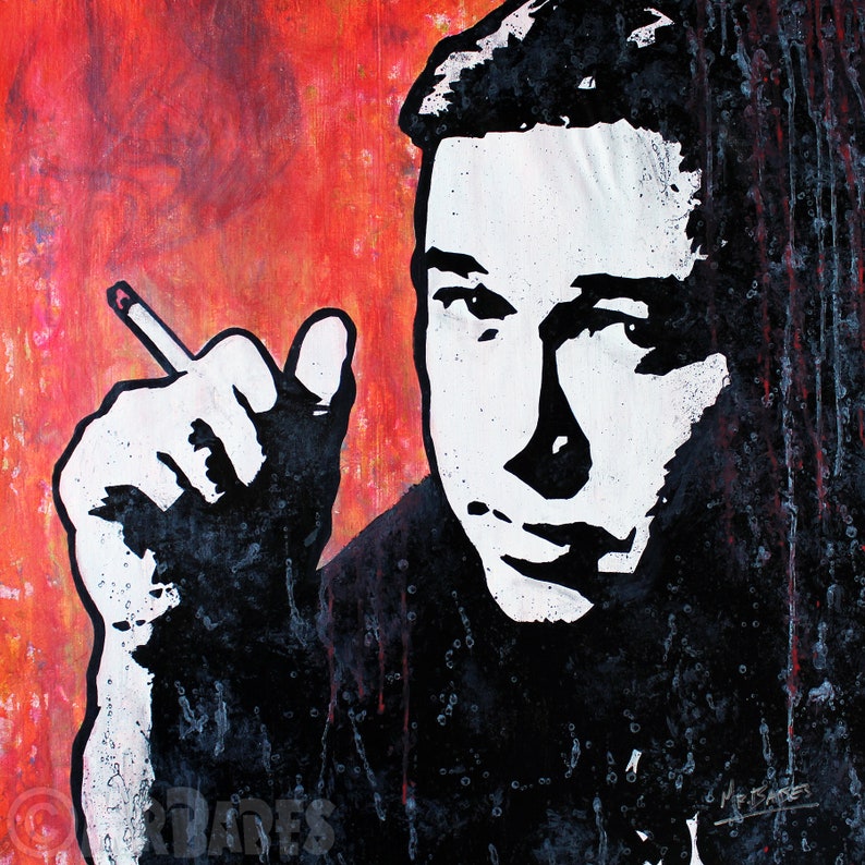 May include: A black and white portrait painting of a man with a cigarette in his hand. The background is a red and orange abstract design.