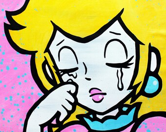 Crying Princess Peach - Original Pop Art Painting By Babes Kopp - Roy Lichtenstein Girl Homage Portrait