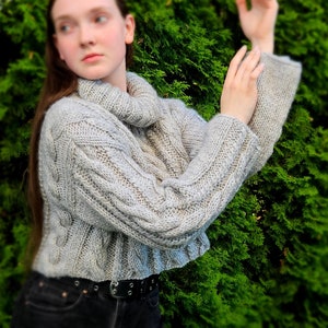 Hand knit short grey sweater made with classical cables image 1