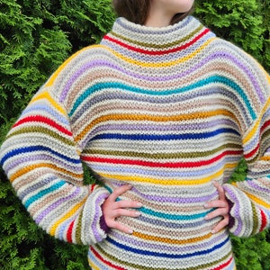 Handmade multicolor oversized sweater,  rainbow hand knit stripy jumper