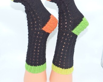 Patterned socks Gift for son or daughter Handmade Socks knitted in green, orange and yellow neon colors, black lace socks