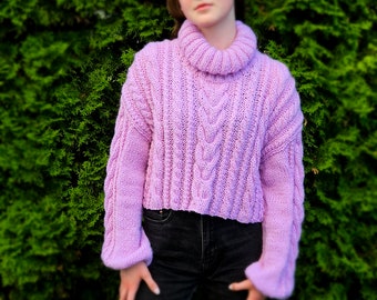 Hand Knit Cable Sweater for Women Lilac Short Sweater With Long Sleeves for Fall Winter Etsy