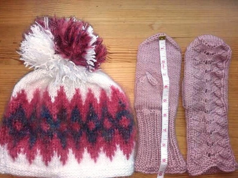 Sale Ski set skiing hat hand knitted pom pom hat and mittens image 0