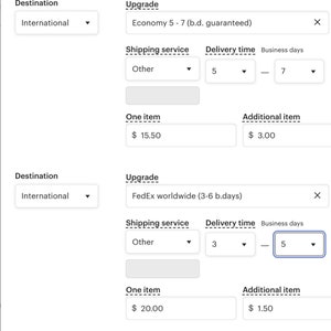 Puede incluir: Captura de pantalla de un sitio web que muestra las opciones de env&iacute;o para pedidos internacionales. Las opciones incluyen el env&iacute;o econ&oacute;mico con un tiempo de entrega de 5 a 7 d&iacute;as h&aacute;biles y el env&iacute;o FedEx a todo el mundo con un tiempo de entrega de 3 a 6 d&iacute;as h&aacute;biles. Los precios de cada opci&oacute;n se enumeran para un art&iacute;culo y art&iacute;culos adicionales.