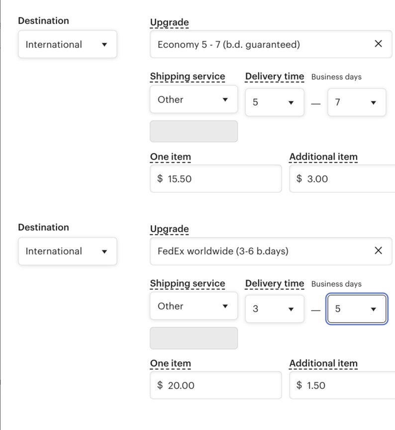 Puede incluir: Captura de pantalla de un sitio web que muestra las opciones de env&iacute;o para pedidos internacionales. Las opciones incluyen el env&iacute;o econ&oacute;mico con un tiempo de entrega de 5 a 7 d&iacute;as h&aacute;biles y el env&iacute;o FedEx a todo el mundo con un tiempo de entrega de 3 a 6 d&iacute;as h&aacute;biles. Los precios de cada opci&oacute;n se enumeran para un art&iacute;culo y art&iacute;culos adicionales.