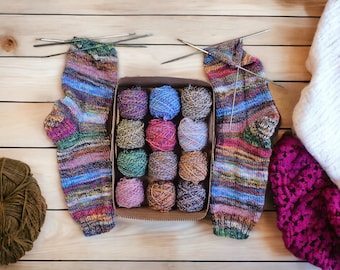 Destash mini socks yarn set to knit unique socks, Sock Yarn of 12 self stripping mini sock yarn skeins for Cozy Creations, 661 yards
