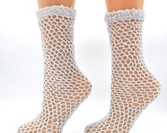 White ankle fishnet socks with sequins crocheted hipster socks popular  fashion white  socks Black Friday Sale