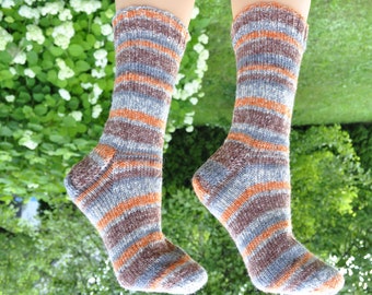 Knit wool socks in brown and orange colors for ladies and men,  ready to ship in 2 days, woolen socks for women suitable for a birthday gift