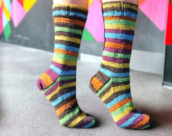 Hand knit socks for women, cold weather gift, striped socks to keep toasty feet all year around, birthday gift for dad