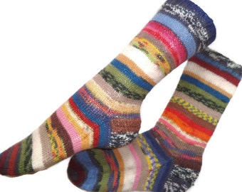 Scrappy socks, hand knit OOAK wool socks, Christmas socks for women,  art socks, gift for friend, gift for daughter, striped socks,