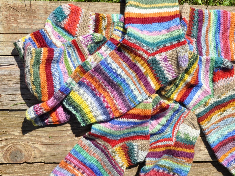 Hand knit wool socks for women who love colorful, odd, mismatched socks for the cold winter season image 6