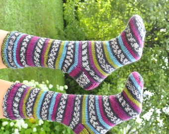 Trendy colors hand  knit wool socks, fair isle socks for women  warm wool socks, comfortable soft cozy socks for cold season, fall, winter