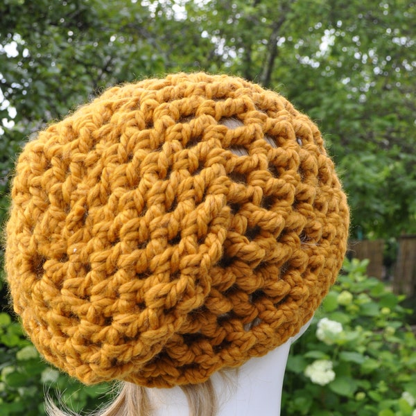 Tam beanie hat crocheted with warm yellow acrylic/wool blended yarn. Suitable for m braids,wig and big head