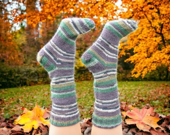 These hand knit wool striped socks could make a nice gift for women or men. Beautiful boot socks  knitted in earthy colors