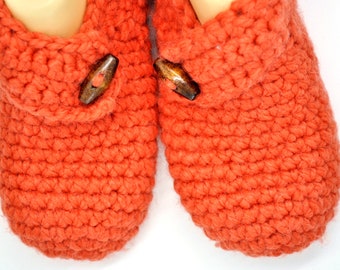 Orange slippers, Halloween house shoes with leather sole crochet gift for Mom, Women footwear