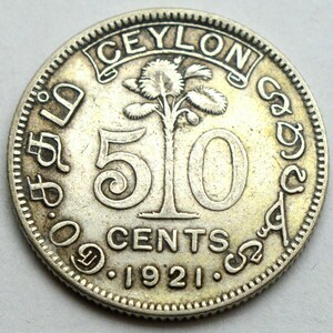 Ceylon 50 Cents 1921 George V Old Silver Coin